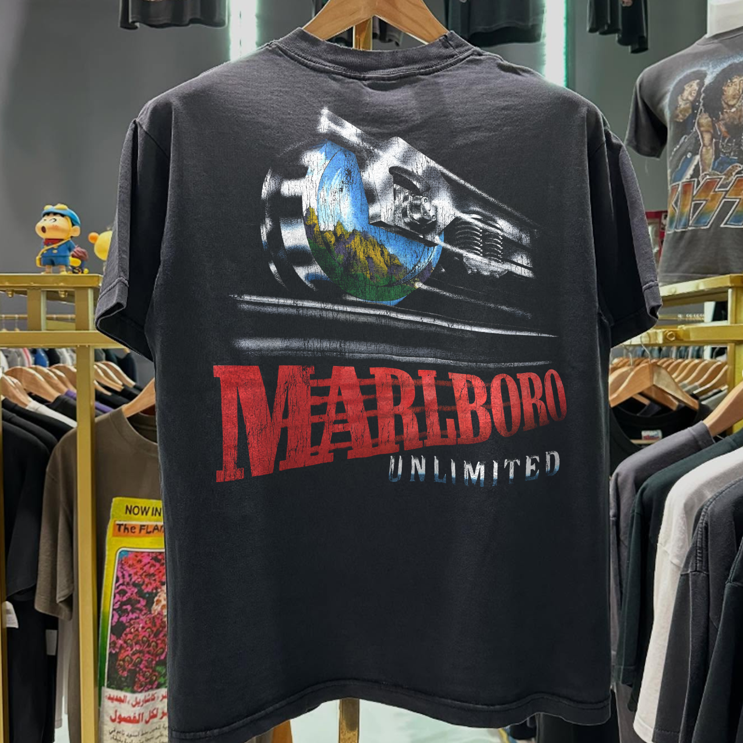 90s MARLBOR0 UNLIMITED RAILROAD RARE WASHED BLACK T-SHIRT