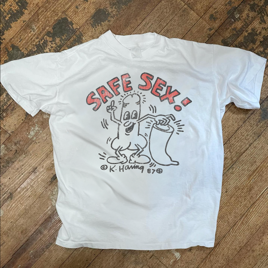 SAFE SEX KEITH HAR1NG - '87 VINTAGE WHITE T-SHIRT