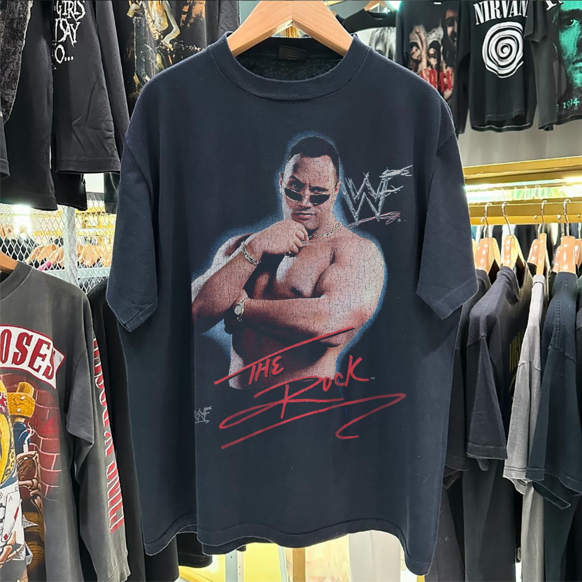 The Rock Layin' The Smack Down 90's Vintage Washed Black T-Shirt The Rock Layin' The Smack Down 90's Vintage Washed Black T-Shirt