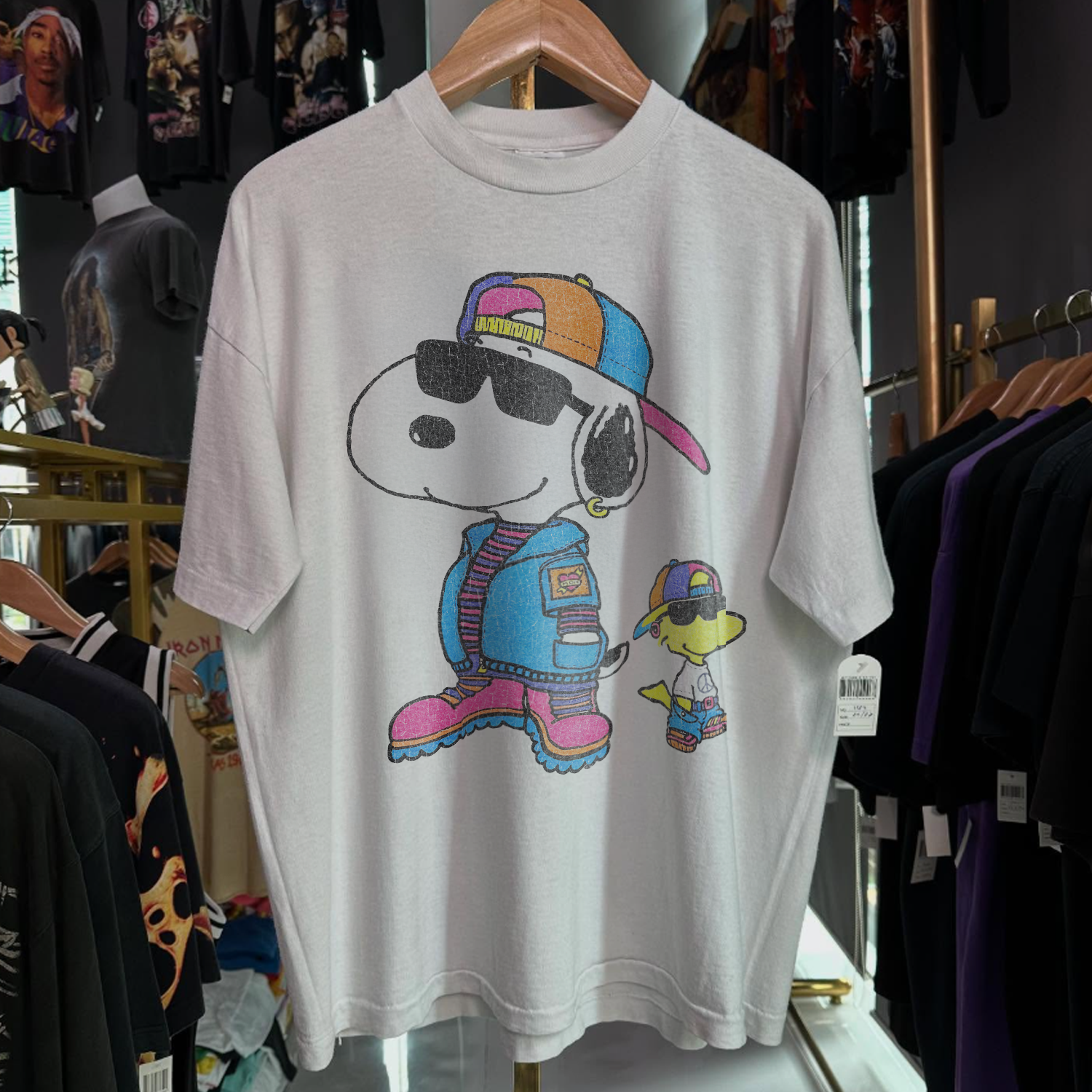 90s Snoopy & Woodstock Hip-Hop Rare Washed White T-Shirt – Strike