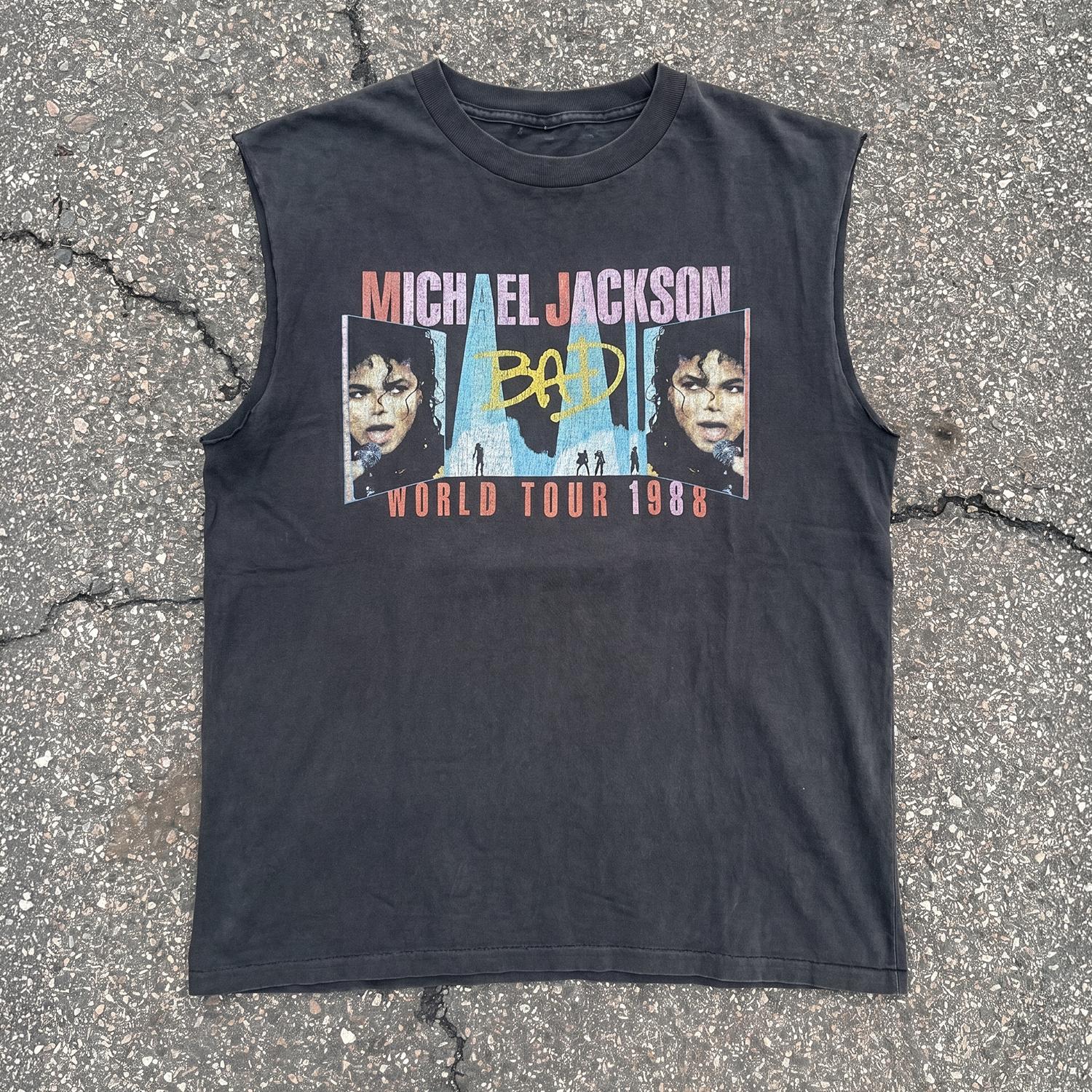 1988 Michael Jackson 'Bad' World Tour Rare Washed Black Cut-Off T 1988 Michael Jackson 'Bad' World Tour Rare Washed Black Cut-Off T