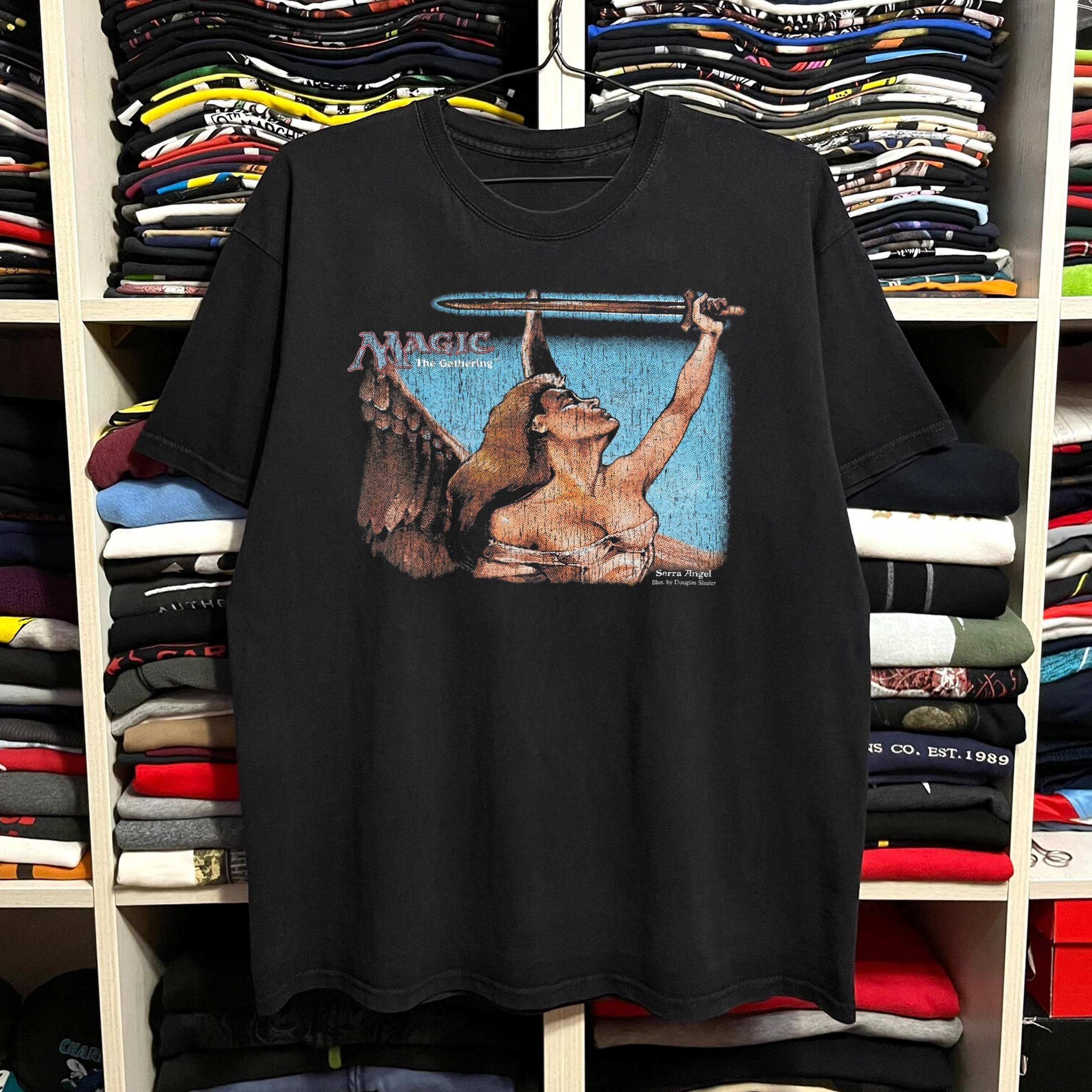 トップス Magic The Gathering Serra Angel tshirt Rare Magic Serra Angel Washed Black Tee – Strike Anywhere Vintage