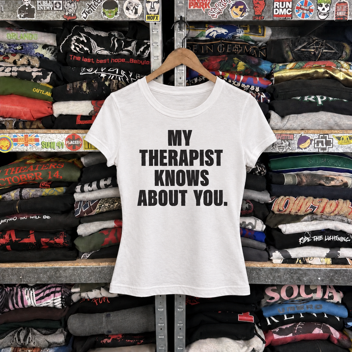 Y2K 'My Therapist' Women's Statement Tee — off-body front on wooden hanger