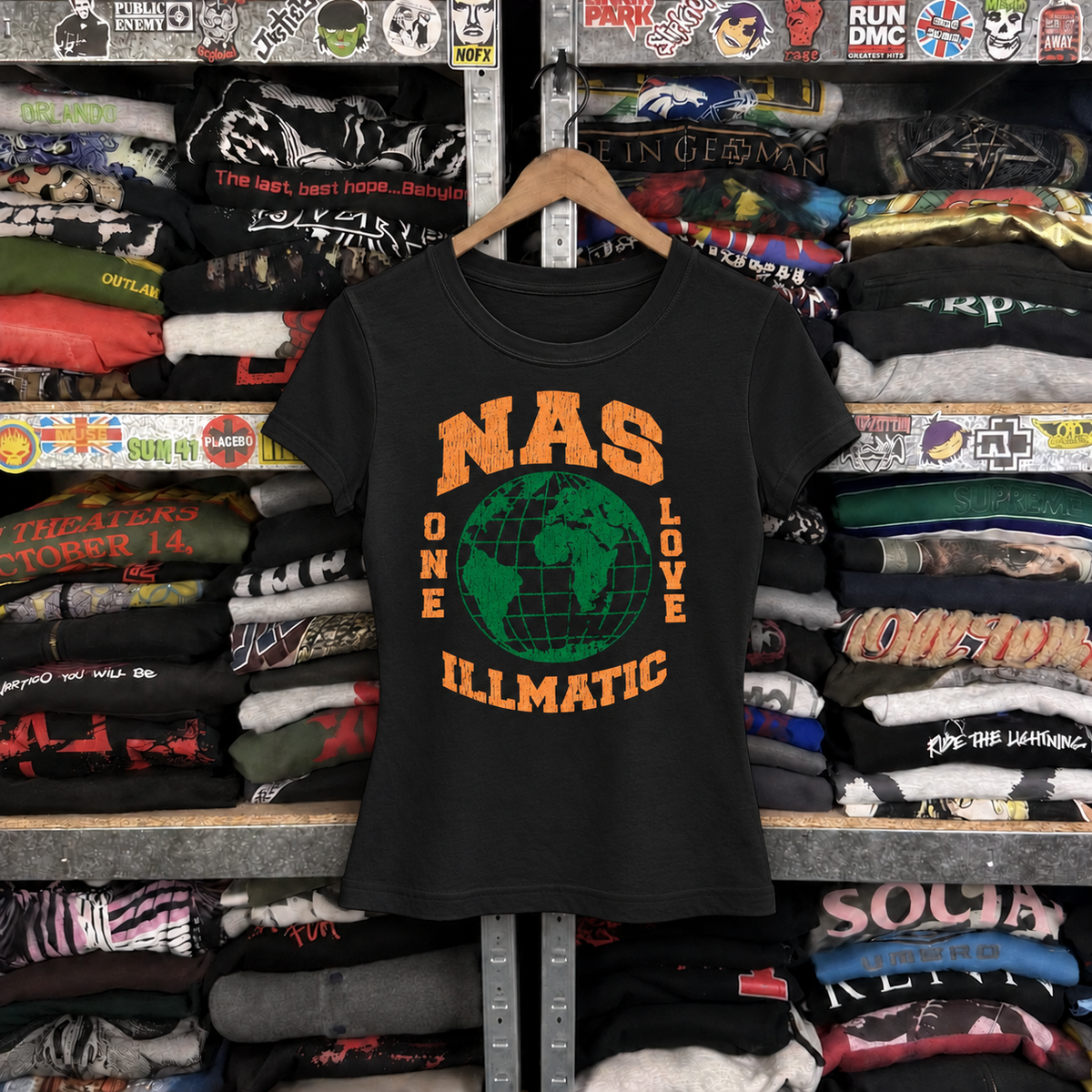 Rare Nas Illmatic Womens Black Tee — off-body front on wooden hanger