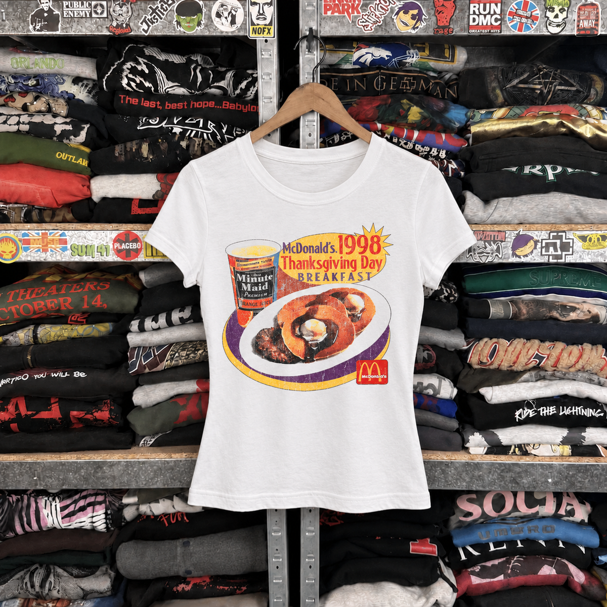 98 Thanksgiving Breakfast Promo White Womens White Tee — off-body front on wooden hanger