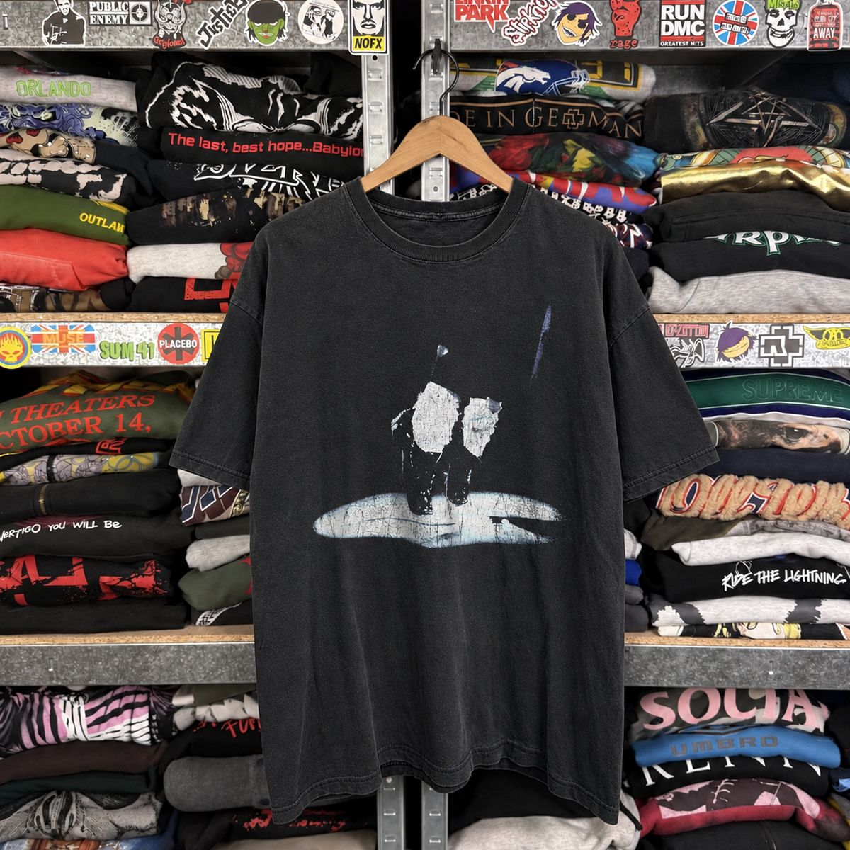 1994 Michael Jackson 'History World Tour' Rare Washed Black T-Shirt — off-body front on wooden hanger
