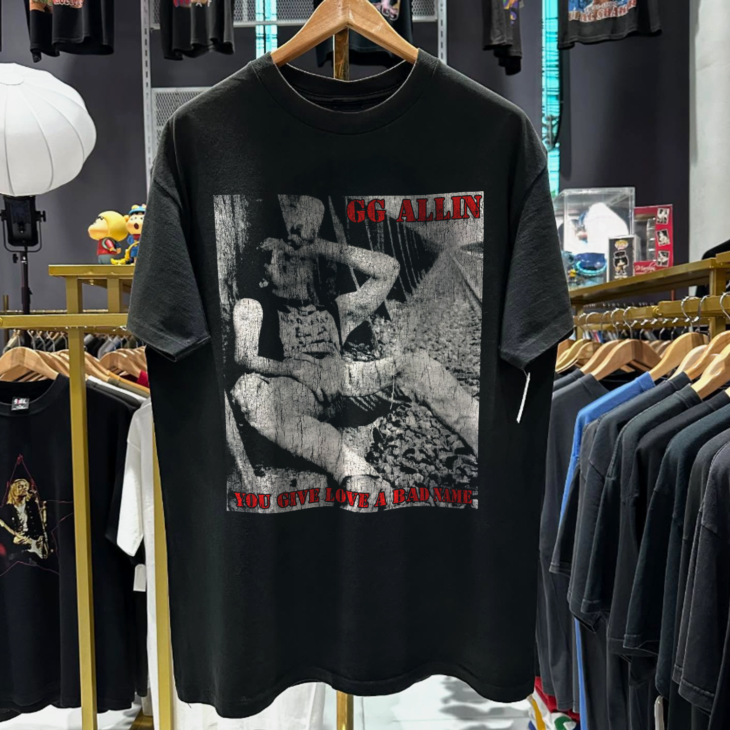 90s G.G. ALLIN 'YOU GIVE LOVE A BAD NAME' RARE WASHED BLACK T-SHIRT