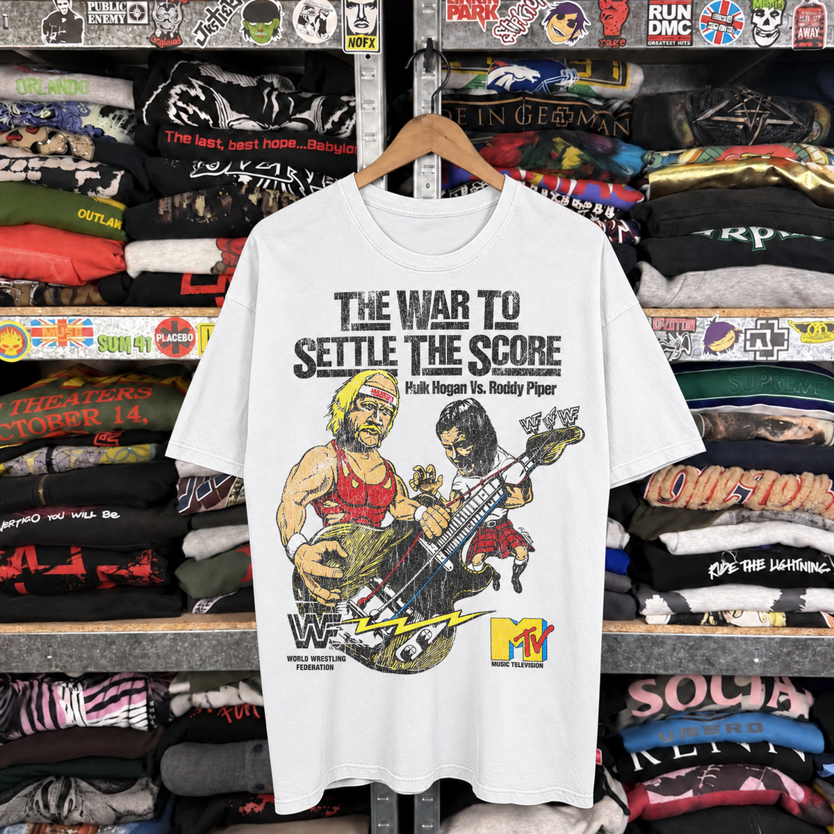 The War To Settle The Score '85 Promo Vintage Washed White T-Shirt — off-body front on wooden hanger