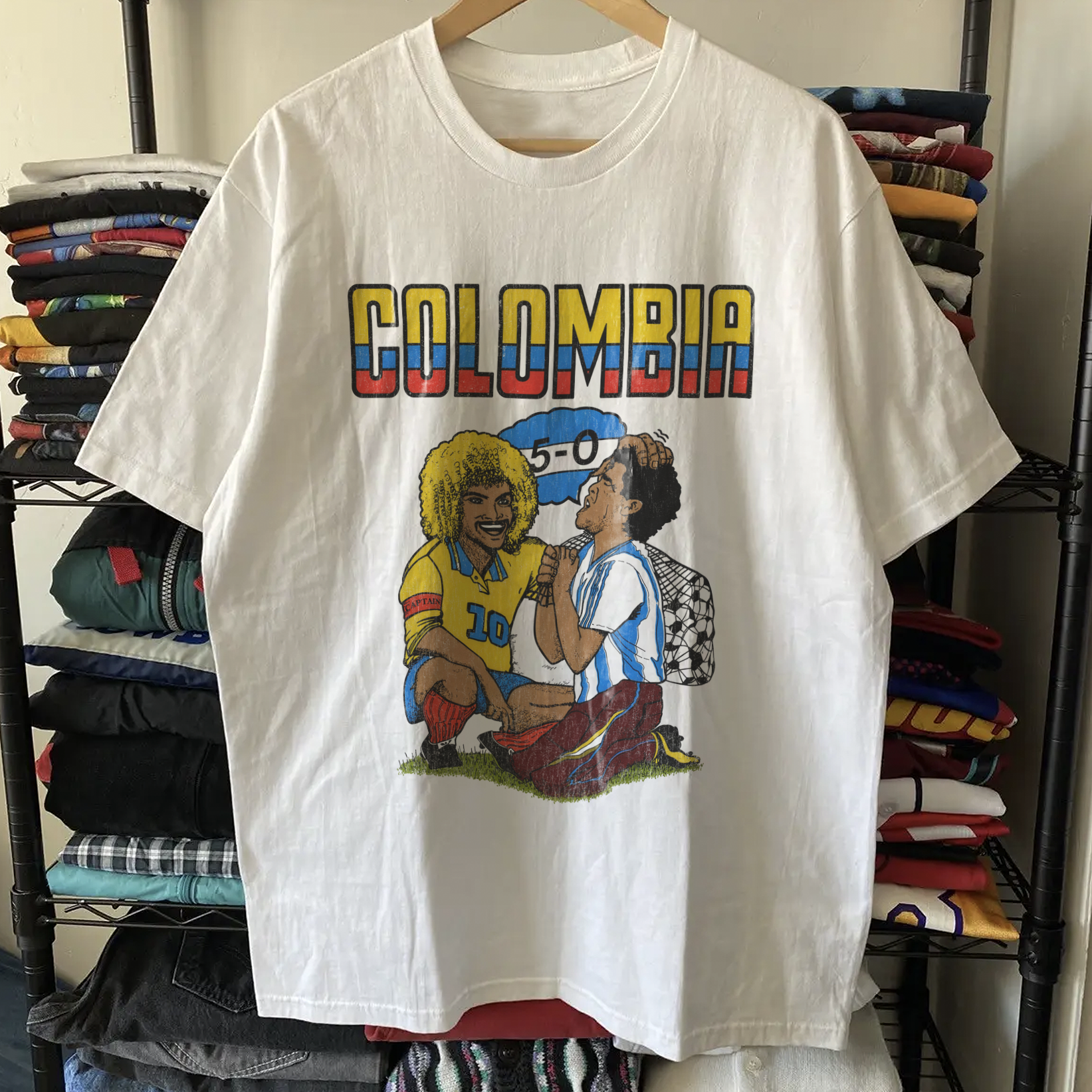 94 World Cup Colombia Valderrama Maradona Washed White Tee
