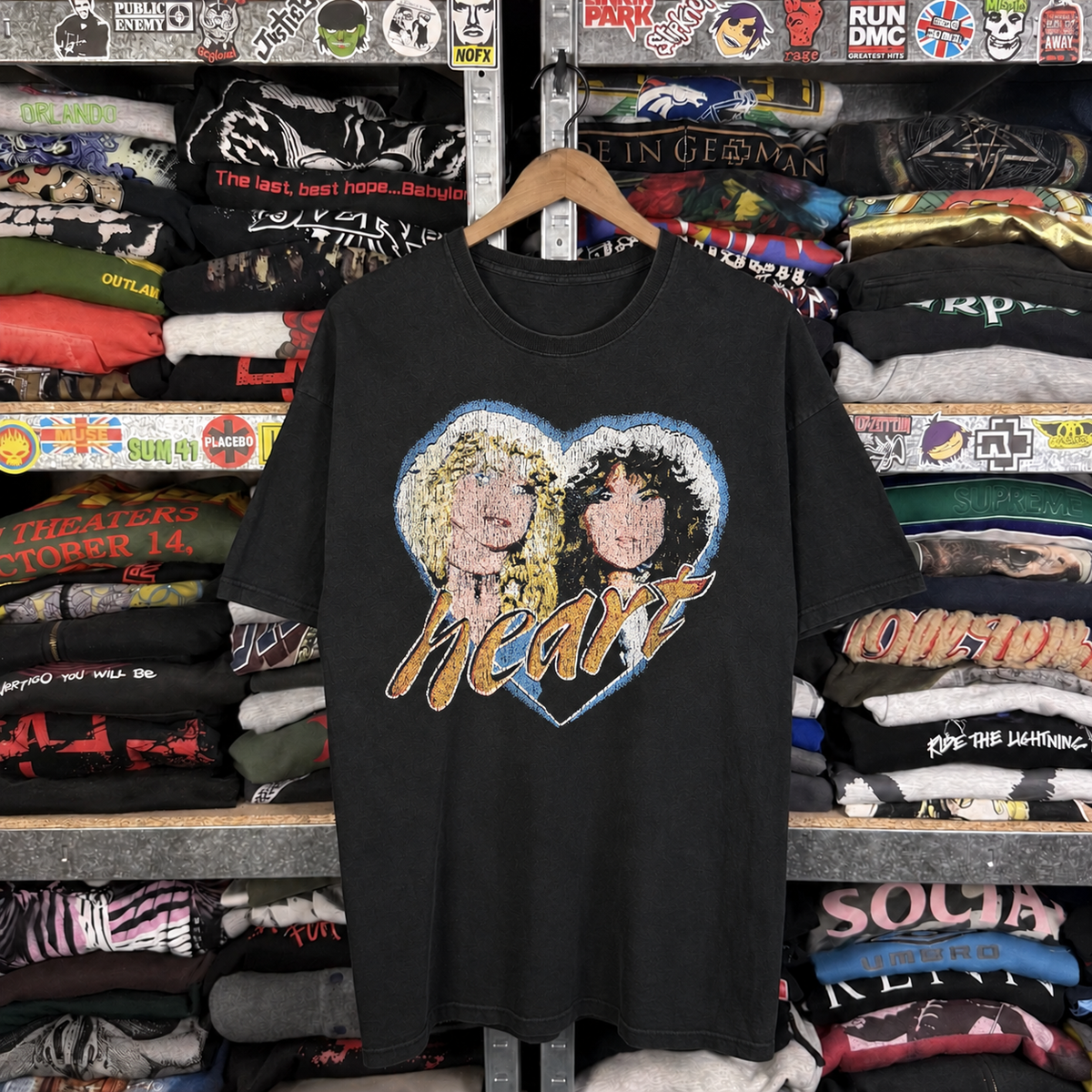 Heart Band Washed Vintage Tee - Worn By Rose From Blackpink — off-body front on wooden hanger