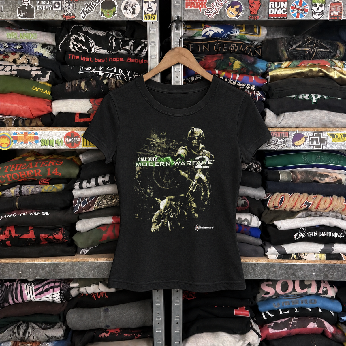 Vintage Call Of Duty Promo Womens Black Tee — off-body front on wooden hanger
