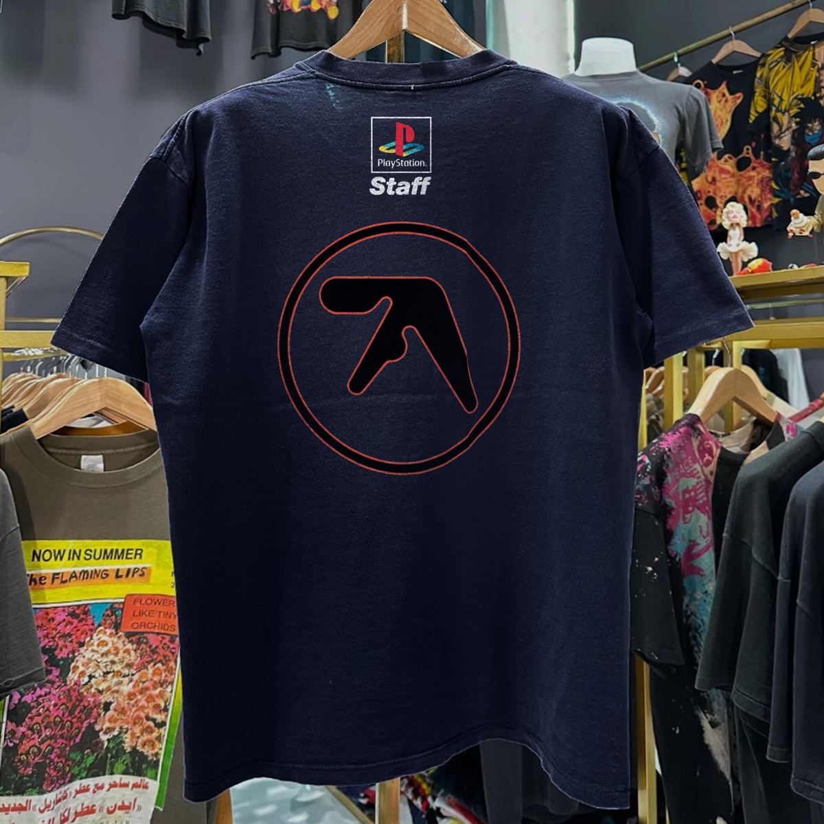 90S Aphex Twin 'Playstation Staff' Rare Washed Navy T-Shirt 90S Aphex Twin 'Playstation Staff' Rare Washed Navy T-Shirt