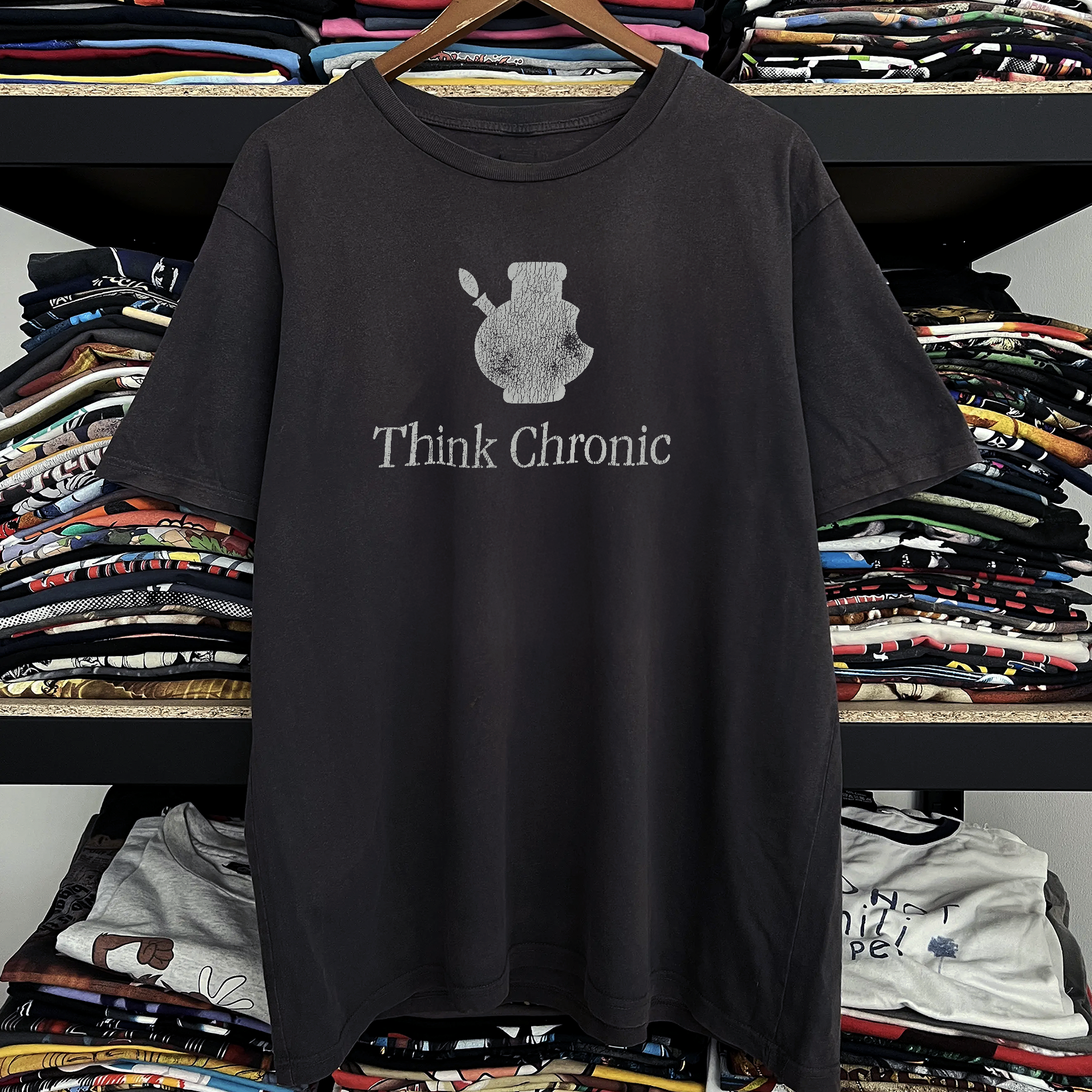 Rare Think Chronic Apple Parody Washed Black Tee