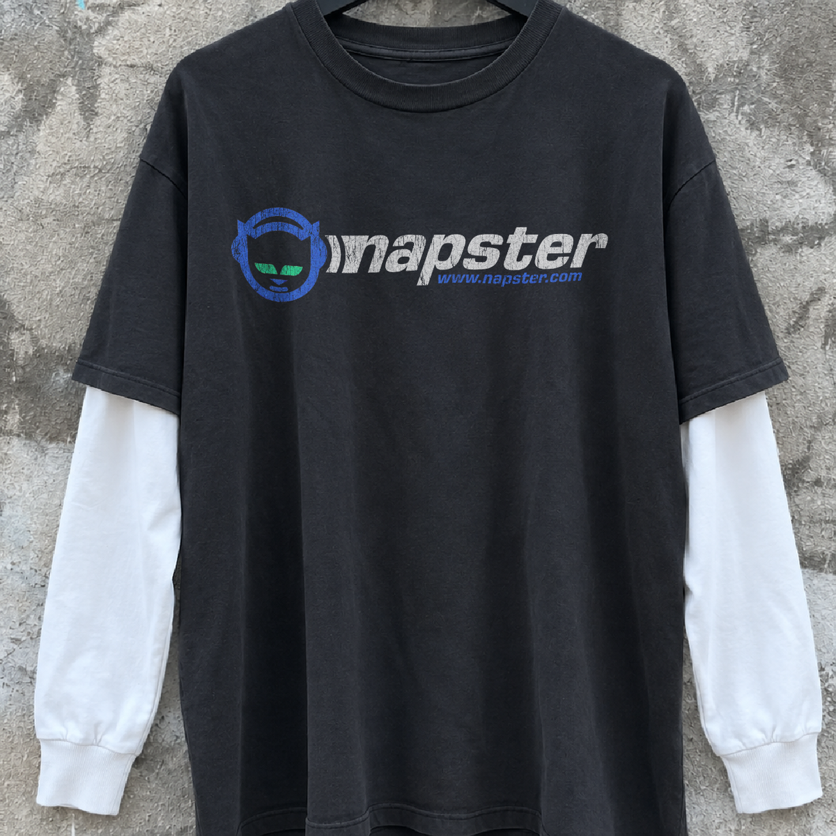 99 Napster Washed Black White Layered LS Tee