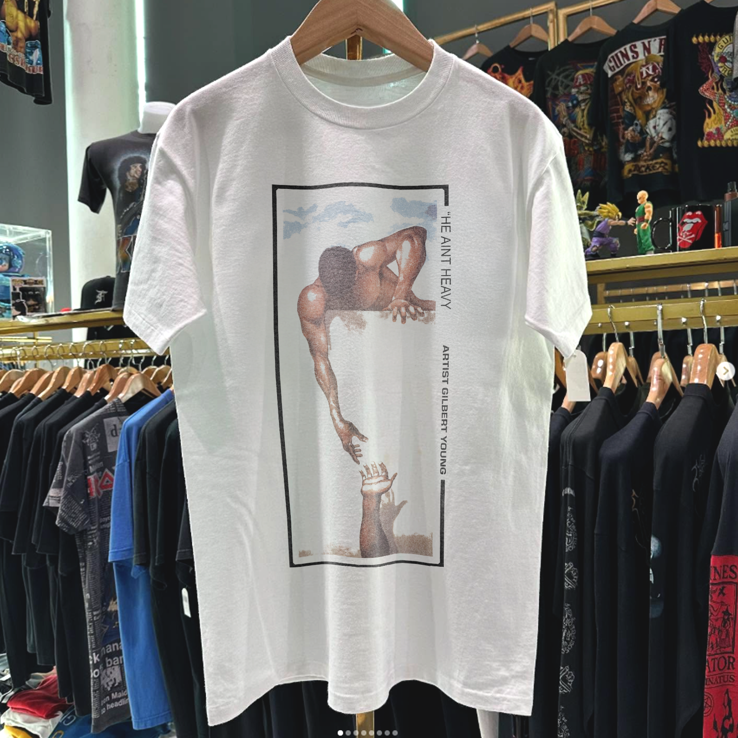 HE AINT HEAVY - GILBERT YOUNG RARE WASHED WHITE T-SHIRT