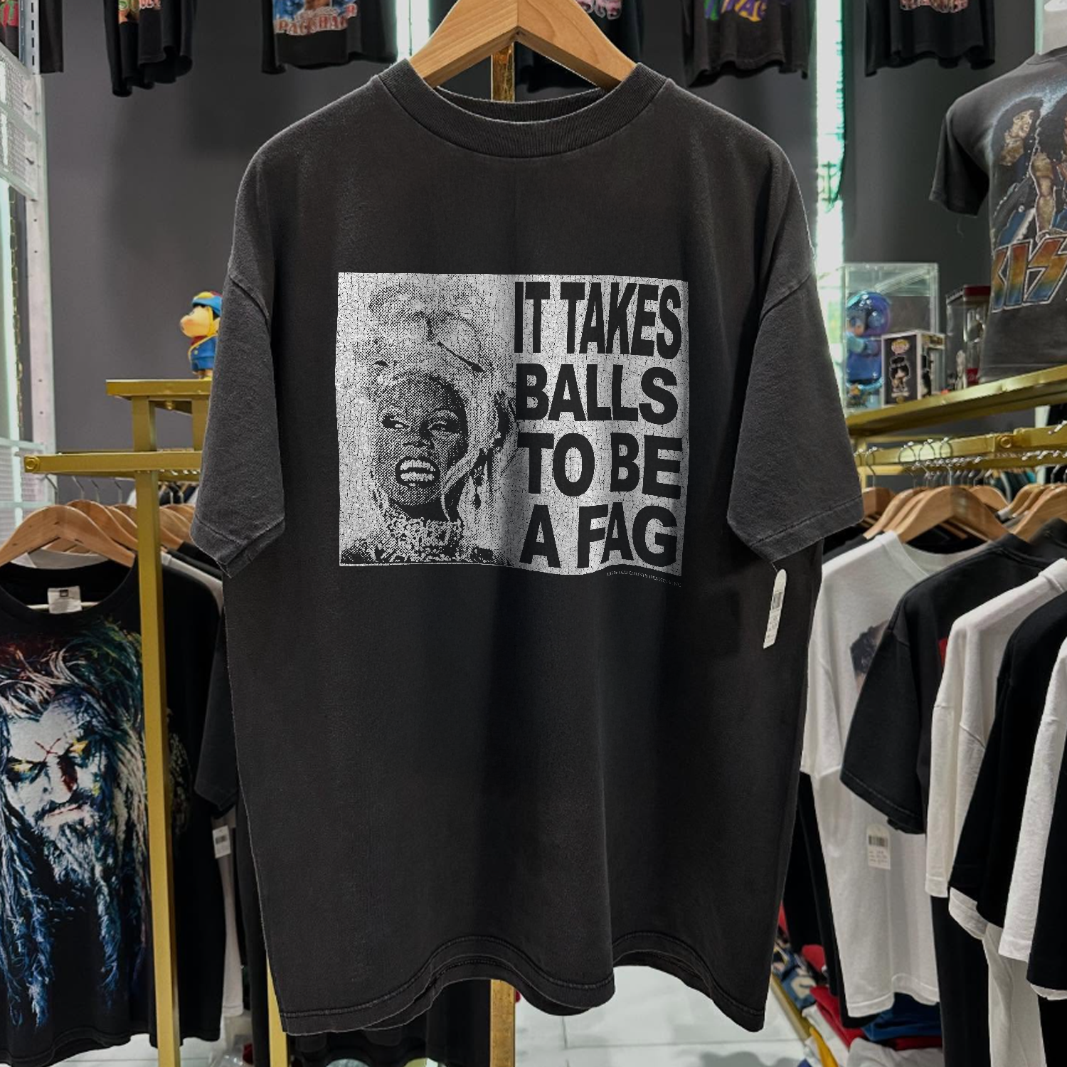 1996 IT TAKES BALLS 'RUPAUL JOHN GRIGLEY' RARE WASHED BLACK T-SHIRT