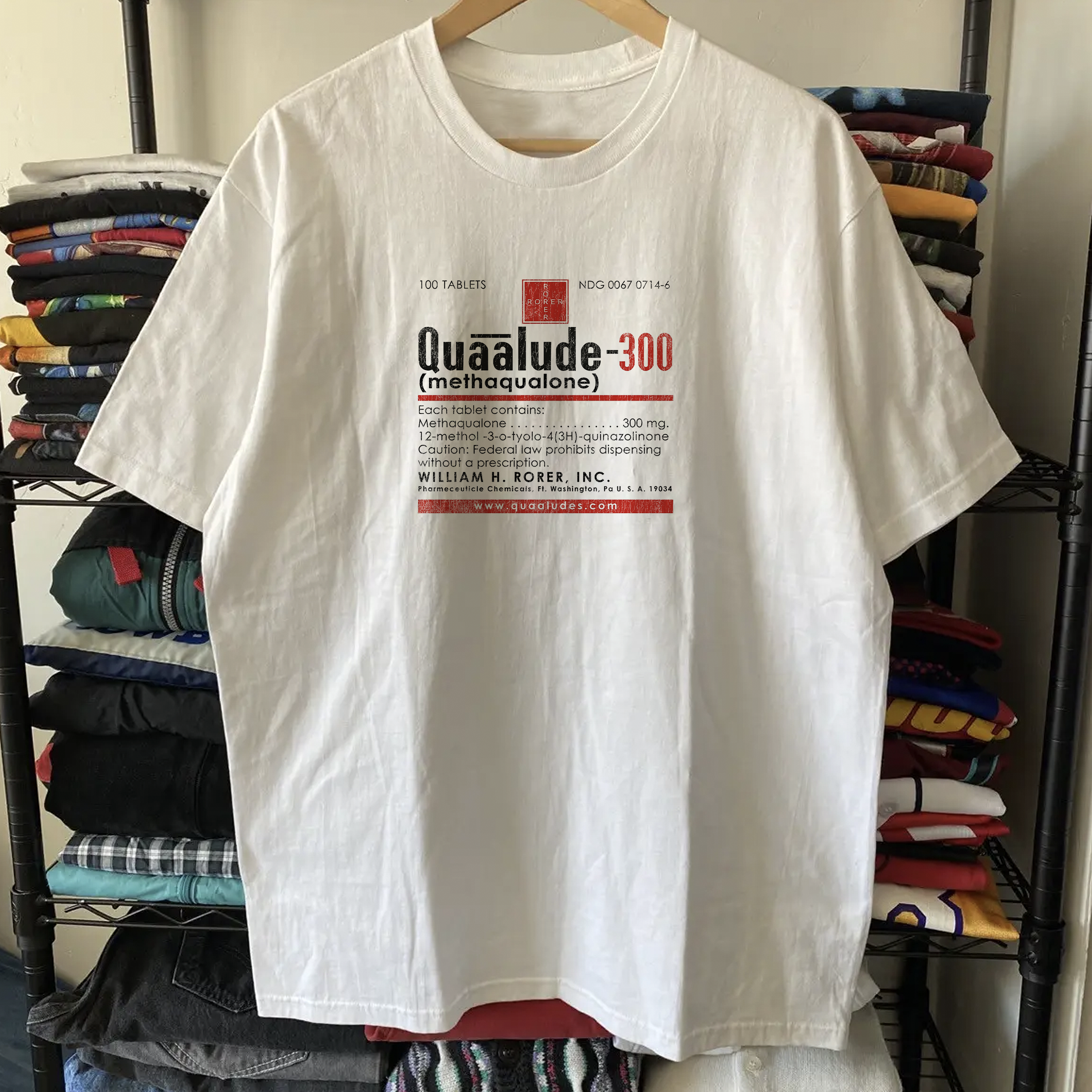 90s Quaalude Pill Promo Washed White Tee