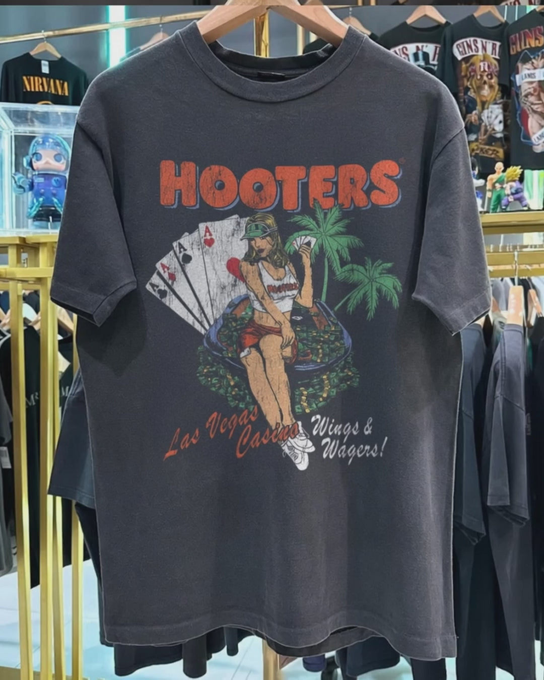 Y2K Hooter 'Wings And Wagers' Las Vegas Rare Washed Black T-Shirt product video [GB-DPA:79c28aa69860]