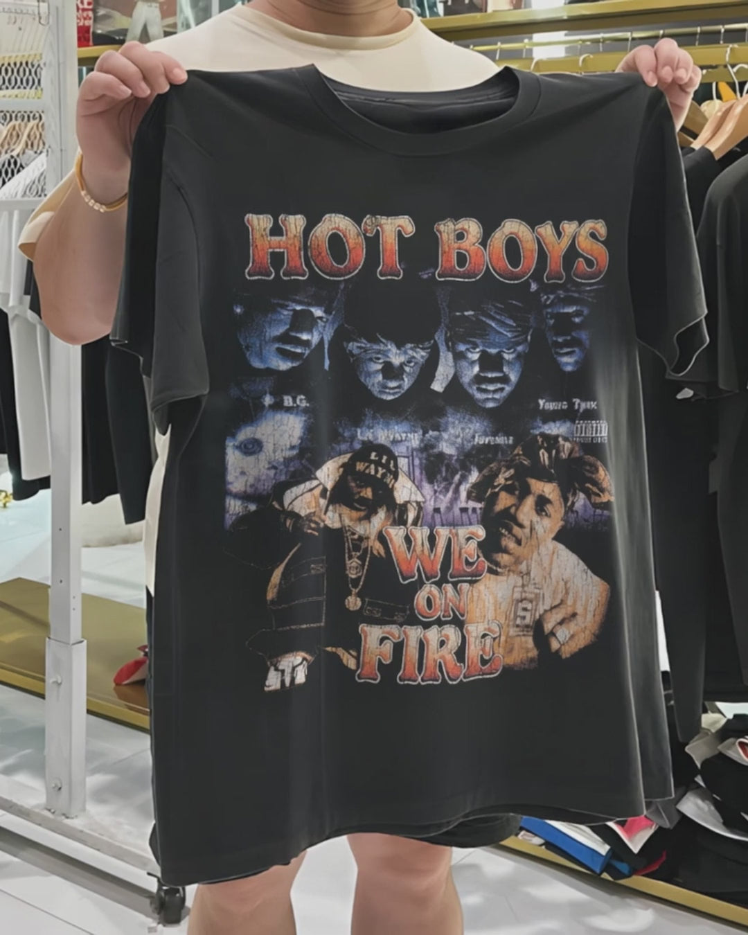 90s Hotboys 'We On Fire' Rare Washed Black Rap Tee product video [GB-DPA:62554289a263]