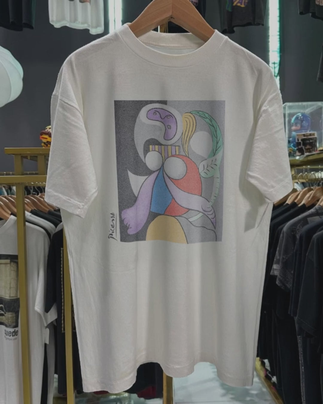 90s Picasso 'Woman With Flowers' Rare Washed White T-Shirt product video [GB-DPA:b00aecae1193]