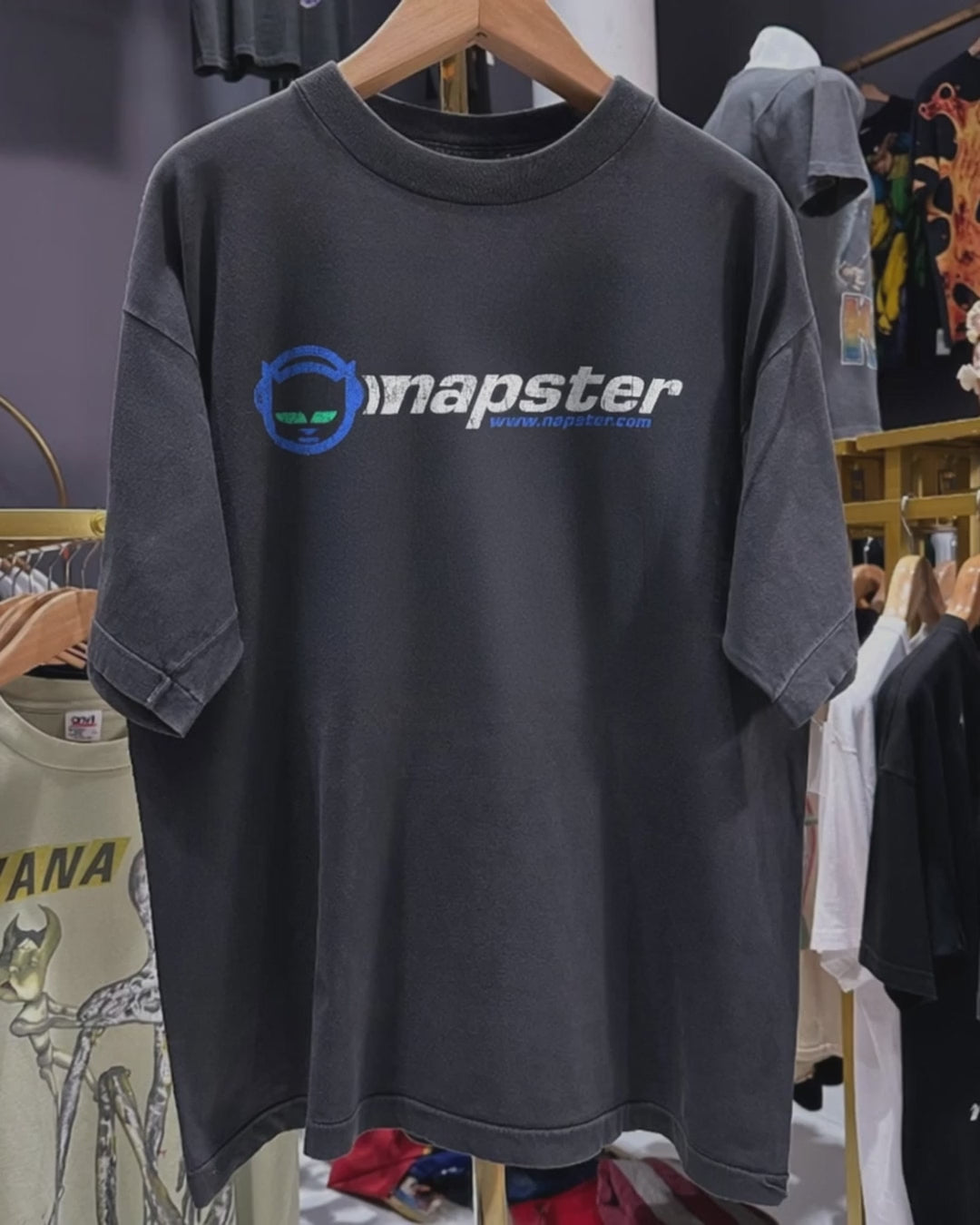 1999 Napster 'Thanks For Sharing' Rare Washed Black T-Shirt product video [GB-DPA:b9faa4b11b32]