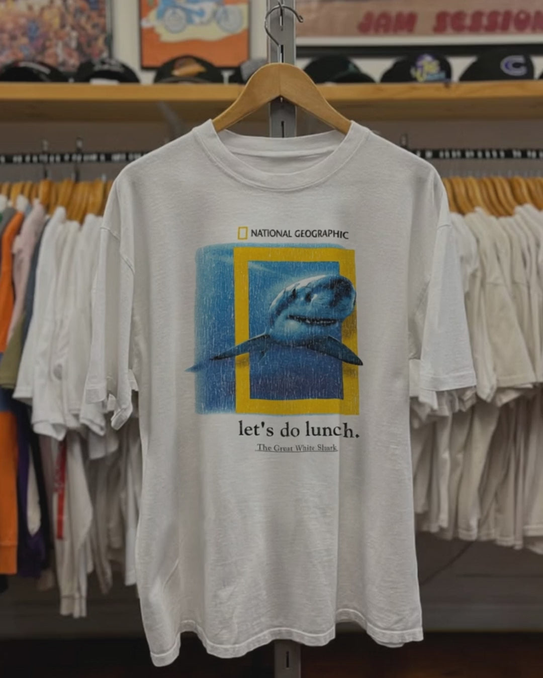 2000s National Geographic Great White Shark Washed White Tee product video [GB-DPA:79684f8cd862]