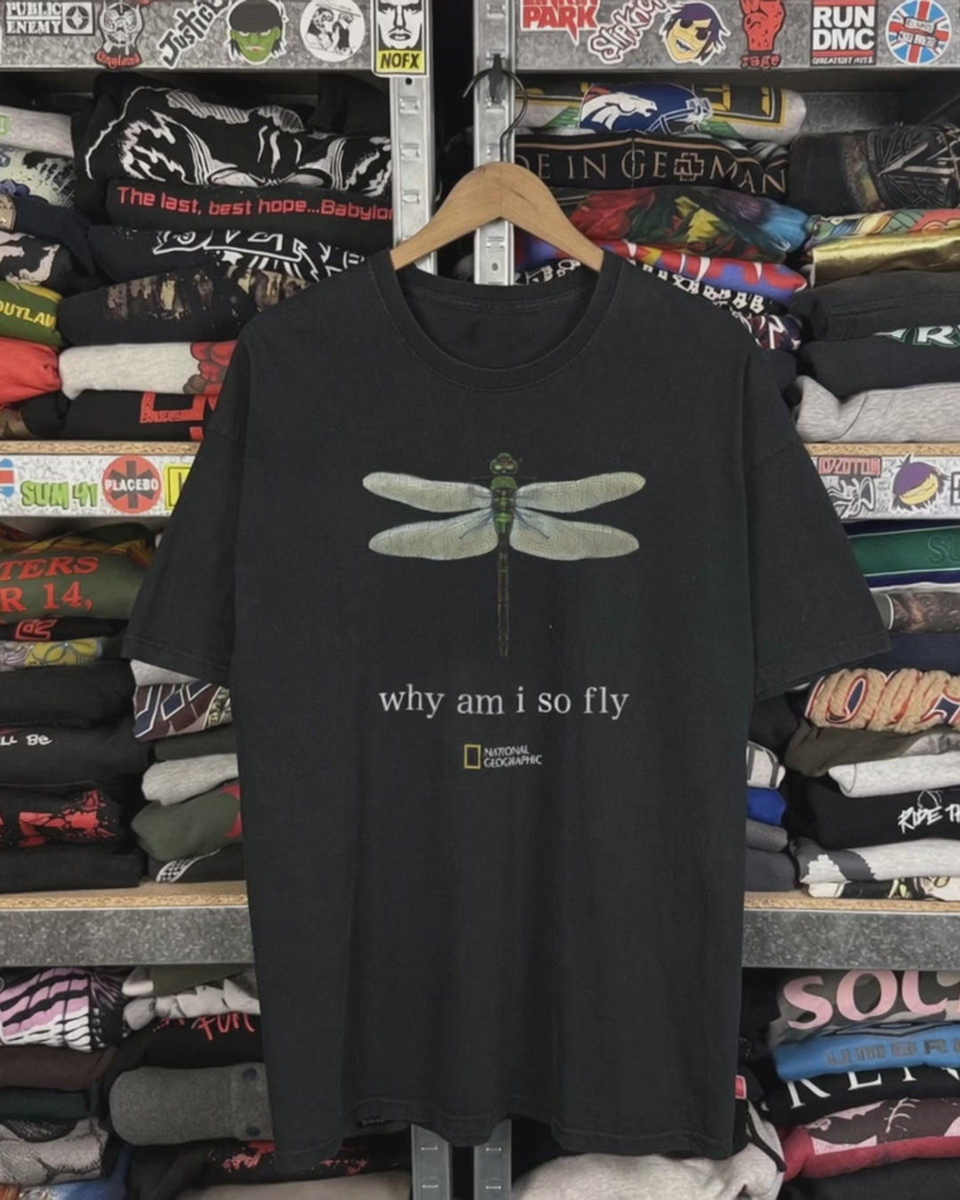 90s National Geographic Why Am I So Fly Washed Black Tee product video [GB-DPA:14c95cdcbb07]