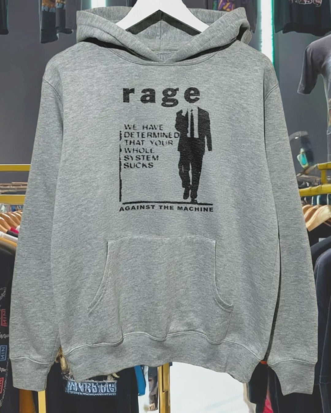 Ratm 'Your Whole System Sucks' 90s Inspired Rare Grey Marle Hoodie product video [GB-DPA:2fd24e683876]