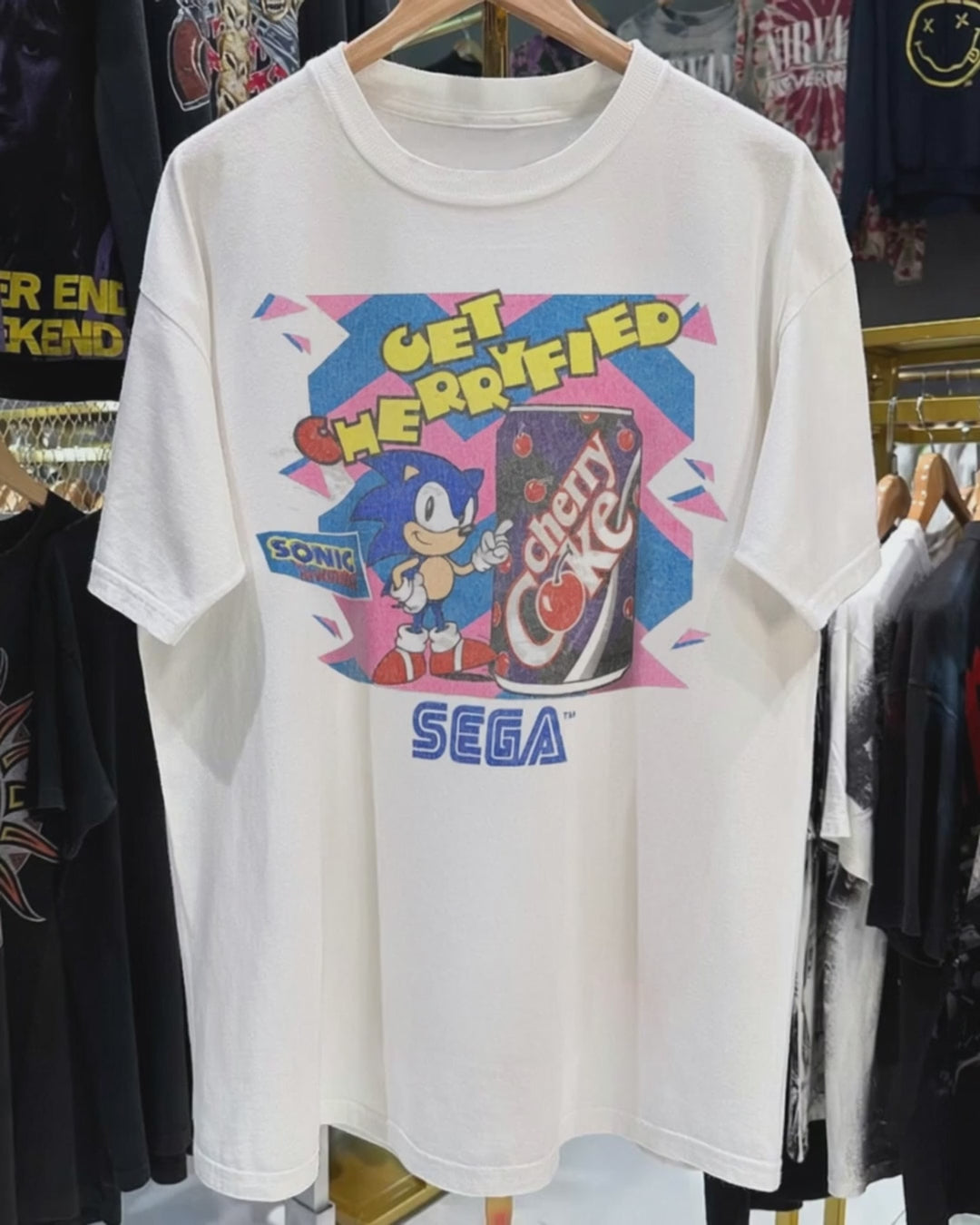 90's Get Cherryfied! Cherry Coke X Sega Vintage Washed White T-Shirt product video [GB-DPA:9583102ab7ba]