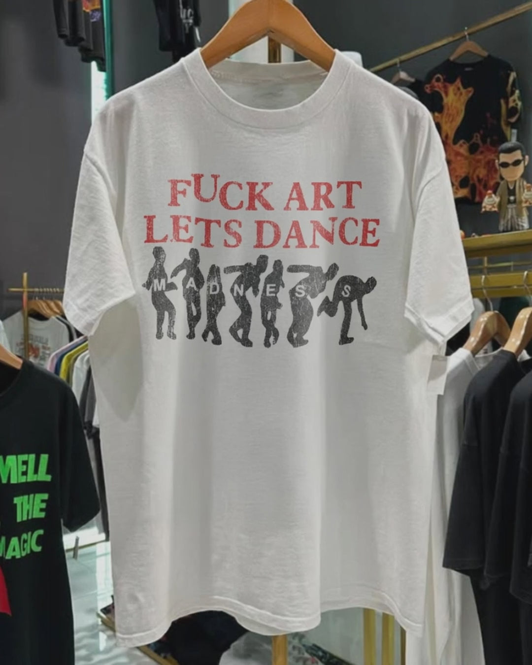 90s Madness 'F*ck Art, Lets Dance' Rare Washed White T-Shirt product video [GB-DPA:ea20232b4dcf]