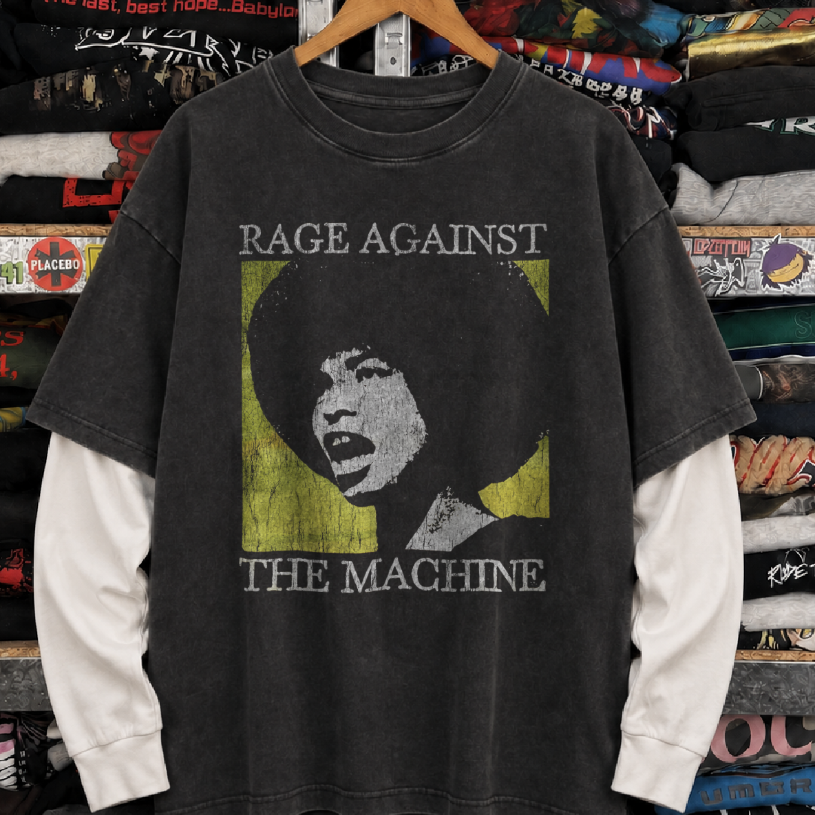 90s Rage & Resist RATM x Angela Davis Vintage Washed Black Layered LS Tee