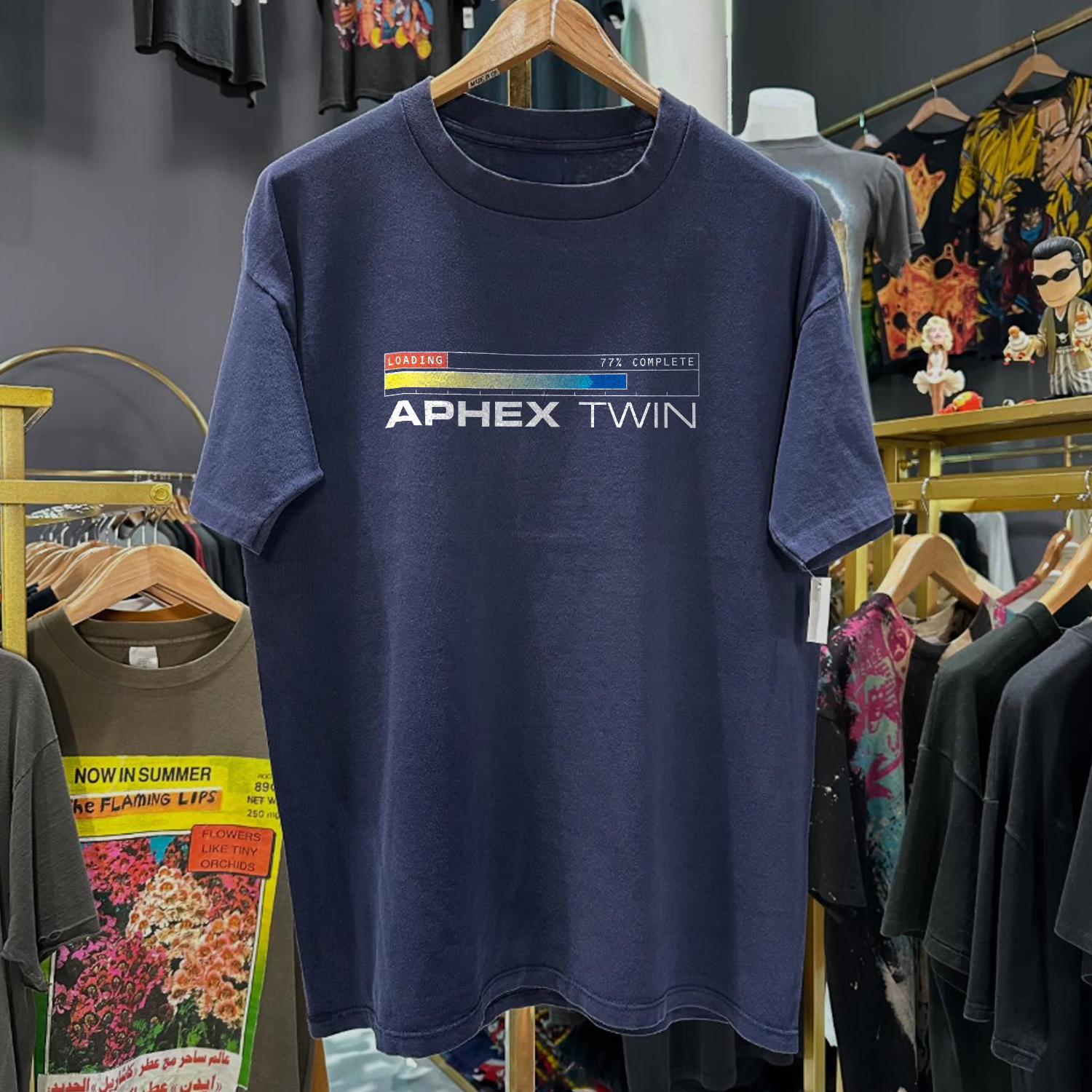 90s APHEX TWIN 'PLAYSTATION STAFF' RARE WASHED NAVY T-SHIRT